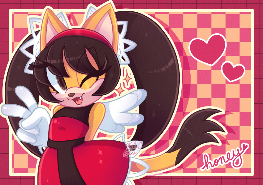 1girl, absurdres, animal_ears, body_fur, brown_eyes, brown_hair, cat_ears, cat_girl, cat_tail, character_name, checkered_background, commentary, dress, english_commentary, faburin, flat_chest, furry, furry_female, gloves, heart, highres, honey_the_cat, long_hair, one_eye_closed, red_dress, sonic_(series), sonic_the_fighters, sonic_the_hedgehog_(classic), tail, twintails, upper_body, white_gloves, wings, yellow_fur