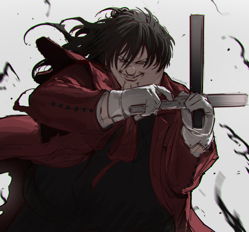 1boy, absurdres, alucard_(hellsing), alucard_(hellsing)_(cosplay), black_hair, cleft_chin, coat, cosplay