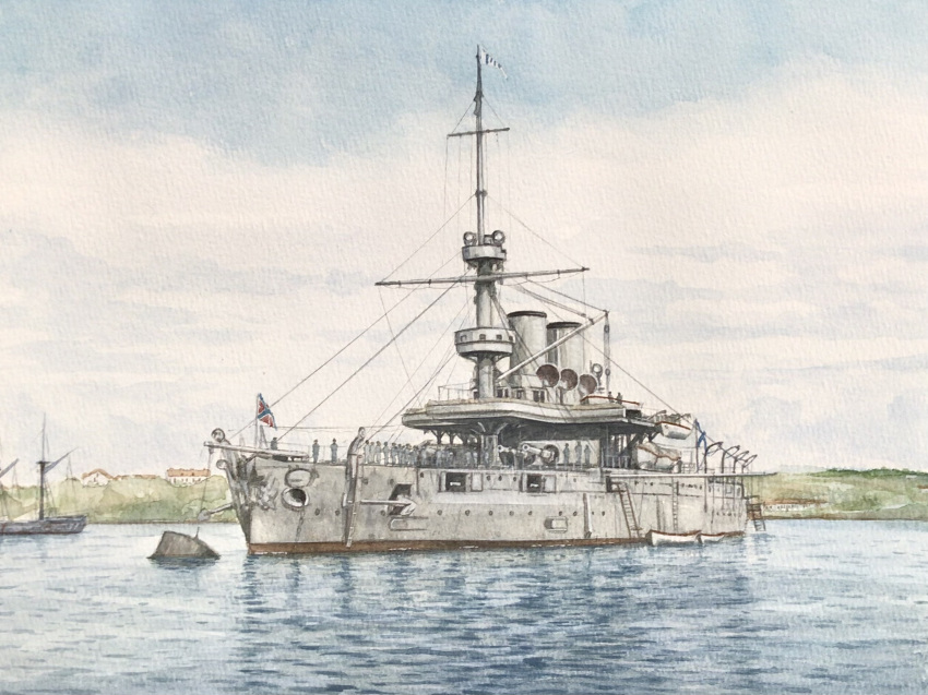 atelier_bono, battleship, cannon, georgii_pobedonosets, highres, imperial_russian_navy, military_vehicle, ocean