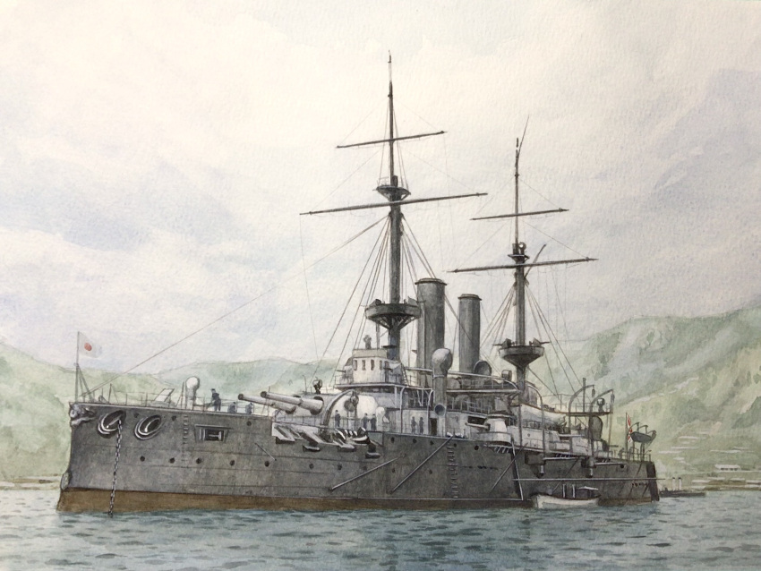 atelier_bono, battleship, cannon, fuji_(battleship), highres, imperial_japanese_army, japanese_flag, mast