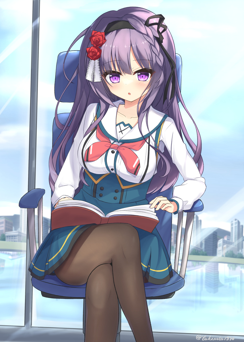 1girl, :o, absurdres, black_hair, black_hairband, black_pantyhose, black_ribbon, blue_skirt