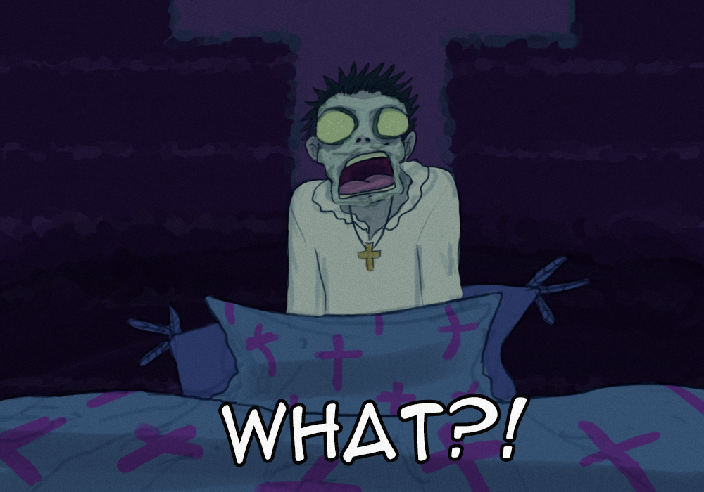 1boy, black_hair, charlienozaki, commentary, cross_pendant, cucumber_on_face, dracule_mihawk, english_commentary, english_text, male_focus, one_piece, open_mouth, pillow, short_hair, solo, the_emperor's_new_groove, under_covers, upper_body