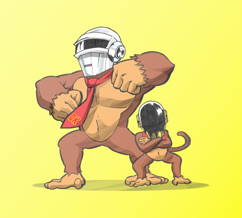 2boys, brown_fur, cosplay, crossed_arms, crossover, daft_punk, diddy_kong, donkey_kong