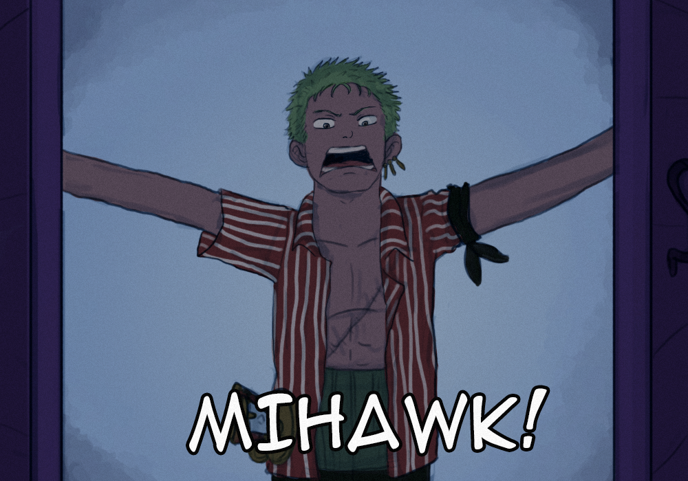1boy, bandana_around_arm, charlienozaki, commentary, earrings, english_commentary, green_hair, haramaki