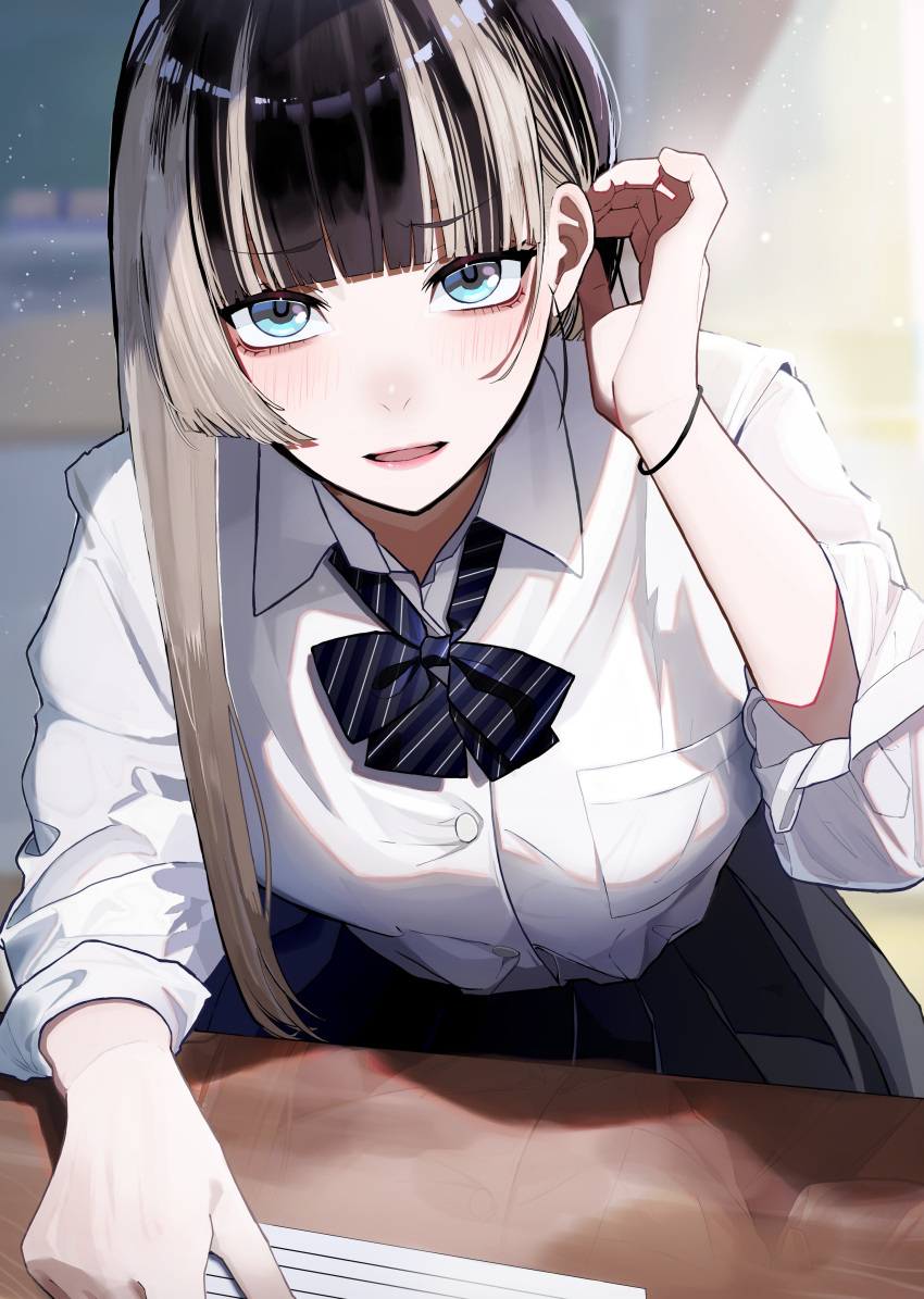 1girl, absurdres, black_hair, blue_eyes, blush, bow, bowtie, boxterebityan3