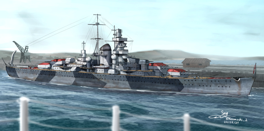 alternate_design, cannon, commission, crane_(machine), cruiser, highres, kriegsmarine, military