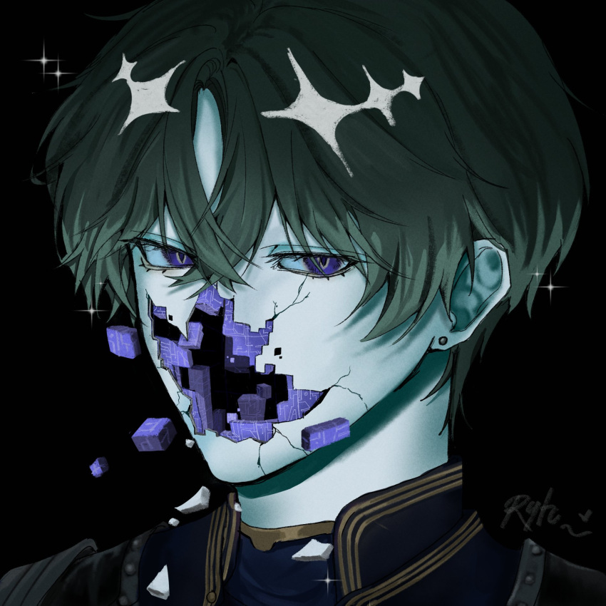 1boy, arysan_de92543, blue_eyes, commentary, cracked_skin, earrings, english_commentary, hair_between_eyes