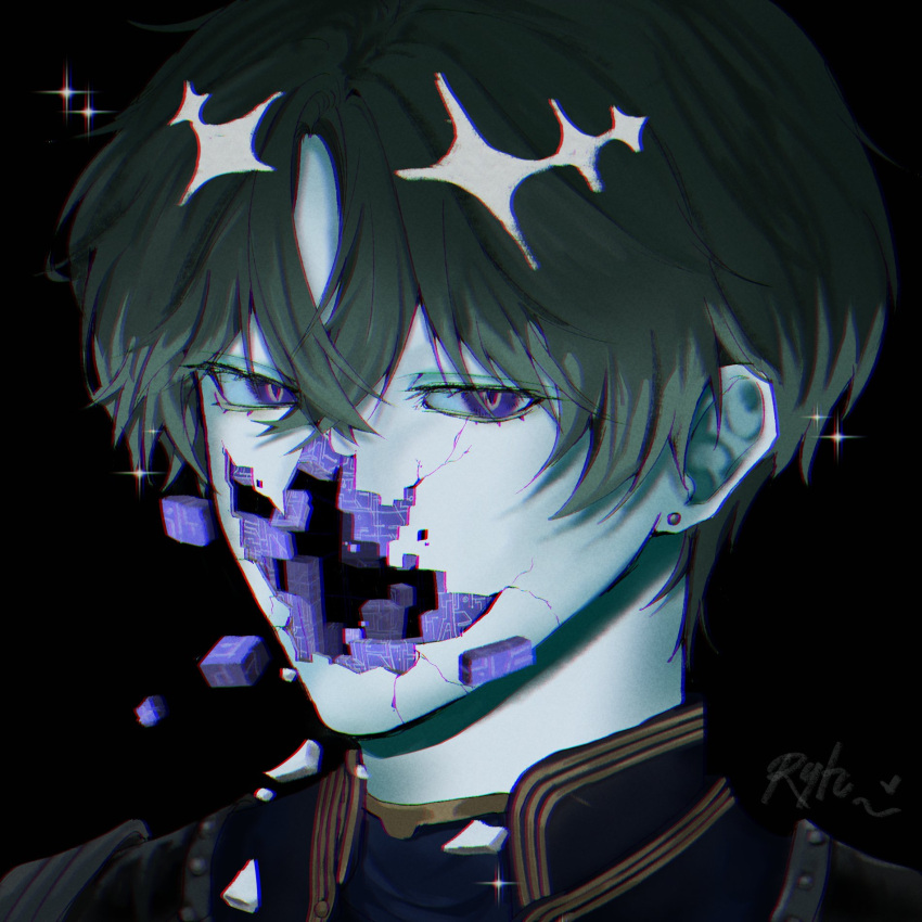 1boy, arysan_de92543, blue_eyes, chromatic_aberration, commentary, cracked_skin, earrings, english_commentary