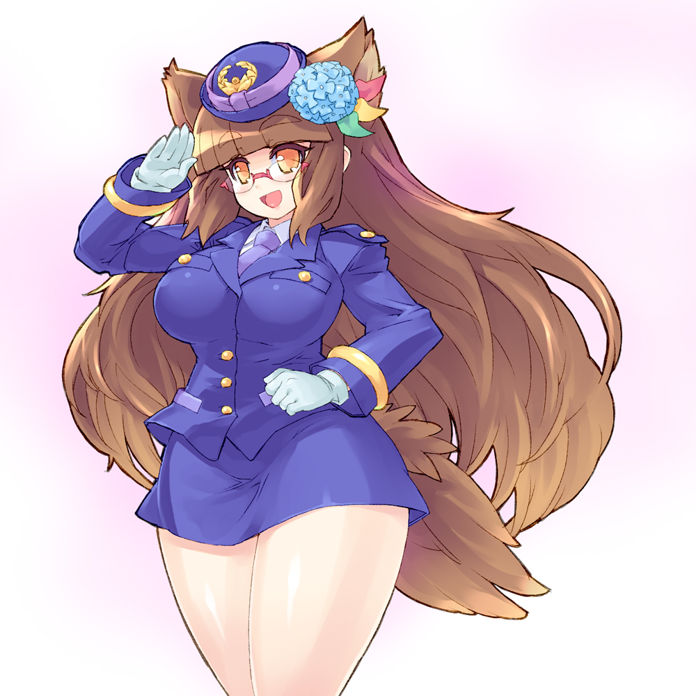 breasts, brown_hair, fax_ogawa, flower, glasses, gloves, hair_flower, hair_ornament, hat, hydrangea, large_breasts, legs, long_hair, original, plump, salute, seyano_ajisai, thick_thighs, thighs, uniform, wide_hips