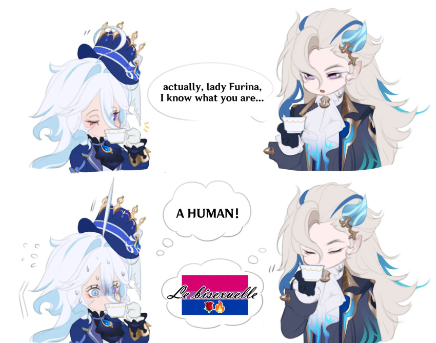 1boy, 1girl, ahoge, ascot, bisexual_flag, blue_coat, blue_eyes, blue_hair