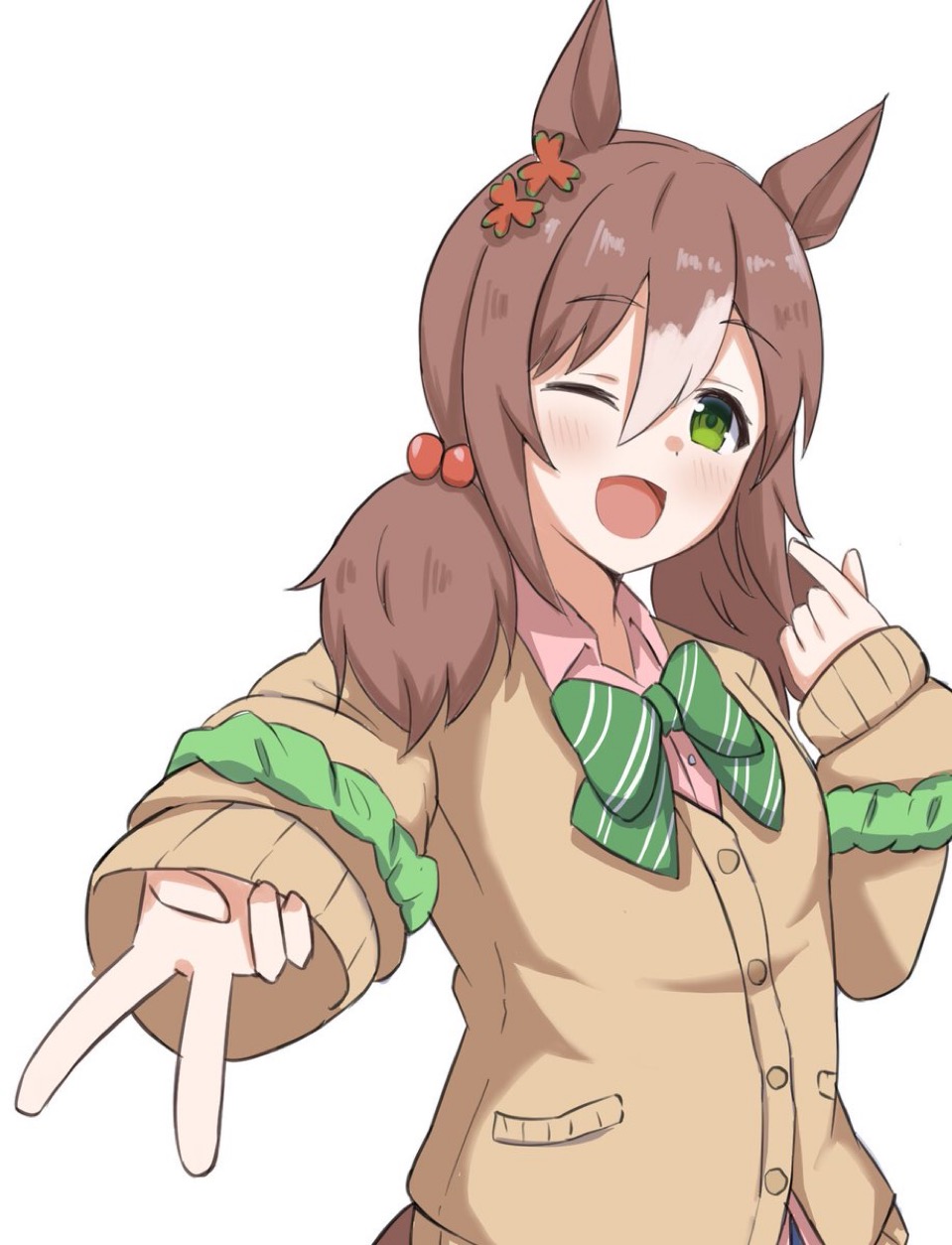 1girl, alternate_costume, alternate_hairstyle, animal_ears, blush, breasts, brown_hair, commentary_request