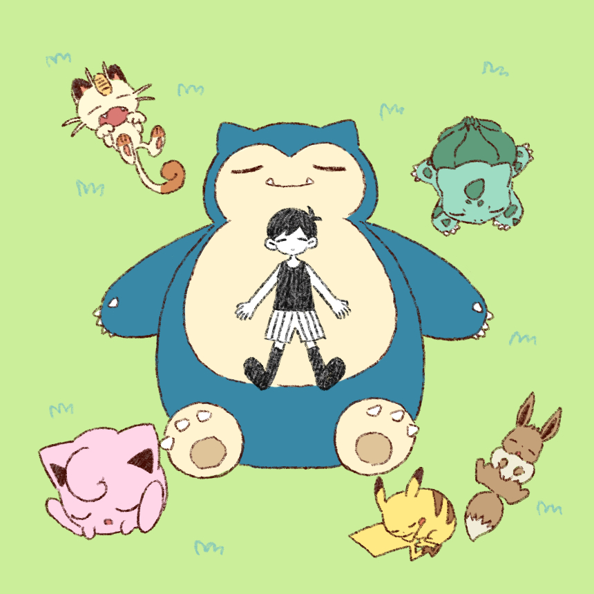 1boy, black_hair, black_socks, black_tank_top, bulbasaur, closed_eyes, eevee, grass, jigglypuff, lying, meowth, omori, omori_(omori), on_back, on_grass, pikachu, pokemon, pokemon_(creature), shorts, snorlax, socks, sun_iiinu, tank_top, white_shorts