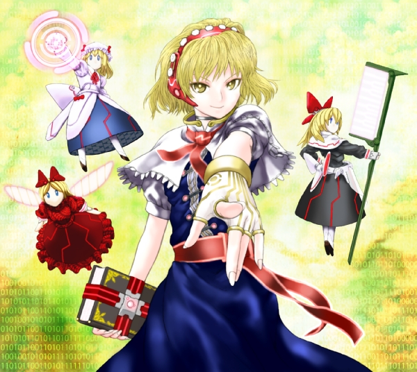 alice_margatroid, blonde_hair, book, charles_de_chromal, dokuromaru, doll, fingerless_gloves, foreshortening