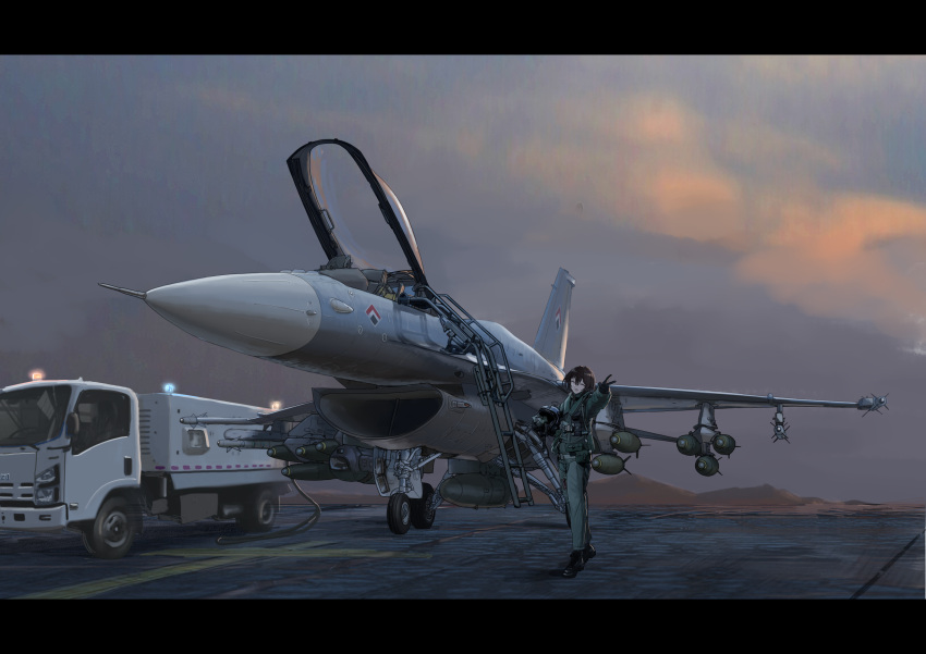 1girl, absurdres, air-to-air_missile, aircraft, airplane, bomb, evening, explosive