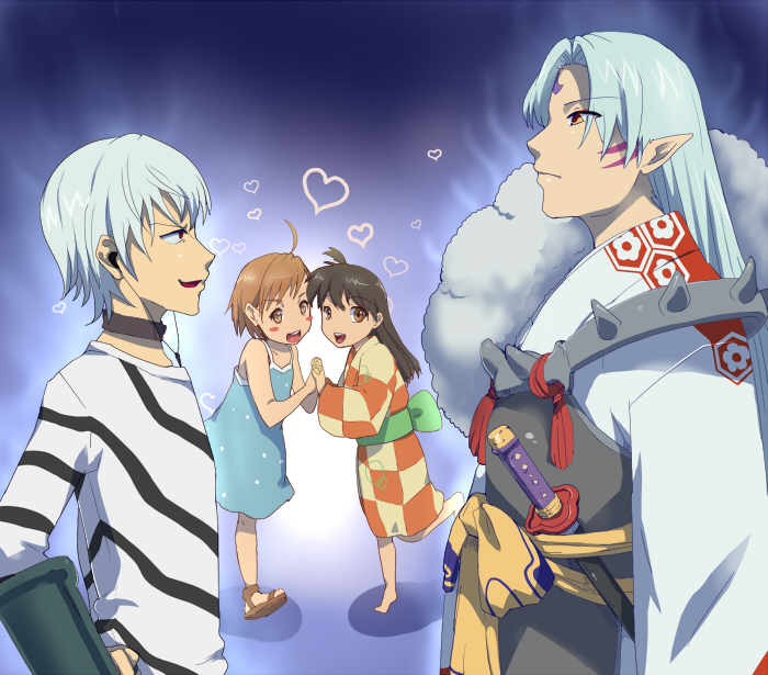 2girls, accelerator, ahoge, armor, black_hair, brown_hair, crossover, crutch, demon_boy, dress, heart, hexagon, inuyasha, japanese_clothes, kimono, last_order, long_hair, multiple_boys, multiple_girls, pointy_ears, red_eyes, rin, rin_(inuyasha), sasagawa_satarou, seshomaru, sesshoumaru, sword, to_aru_majutsu_no_index, weapon, white_hair, yellow_eyes, yukata