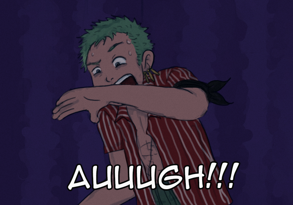 1boy, bandana_around_arm, charlienozaki, commentary, earrings, english_commentary, green_hair, haramaki