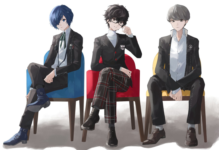 3boys, amamiya_ren, black_footwear, black_hair, black_jacket, black_pants, blue_eyes, blue_hair