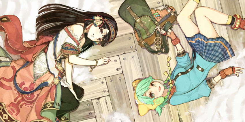 2girls, absurdres, atelier_(series), atelier_shallie, bag, blue_shirt, blue_skirt, bow