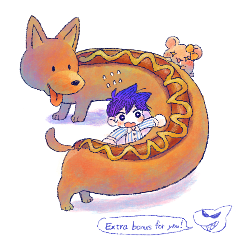 1boy, bright_pupils, chibi, dog, ems_(omori), english_text, flying_sweatdrops, hamster