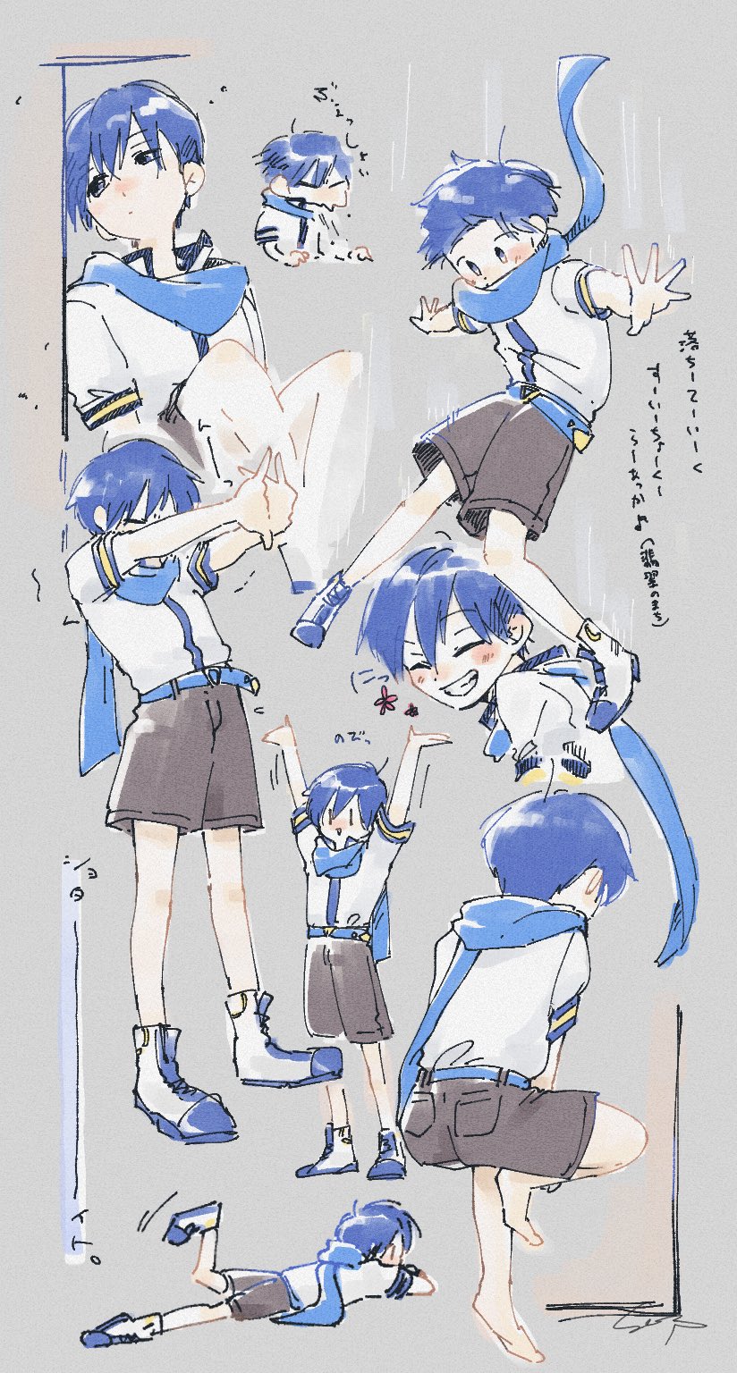 1boy, aged_down, barefoot, belt, blue_belt, blue_eyes, blue_hair, blue_scarf, blush, boots, child, closed_eyes, closed_mouth, facing_viewer, falling, from_behind, full_body, grey_background, grin, hair_between_eyes, highres, kaito, kaito_(vocaloid), lying, male_focus, motion_lines, multiple_views, on_stomach, outstretched_arms, sano_(prsk_kaito), scarf, shirt, short_hair, short_sleeves, shorts, simple_background, smile, standing, stretching, translation_request, vocaloid, white_shirt