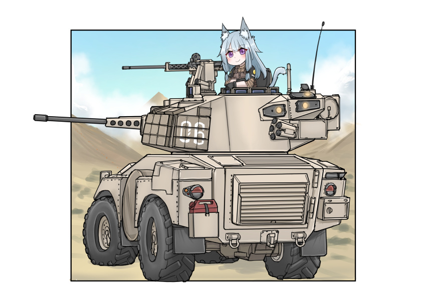 absurdres, armored_car, autocannon, blue_hair, cannon, cat_girl, chibi, desert, fv721_fox, gun, highres, looking_at_viewer, machine_gun, military, military_vehicle, original, reactive_armor, smile, smoke_grenade_launcher, srtdrawart, violet_eyes, weapon