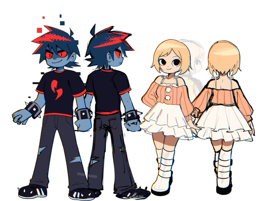 1boy, 1girl, black_eyes, black_shirt, blonde_hair, boots, broken_heart, colored_skin