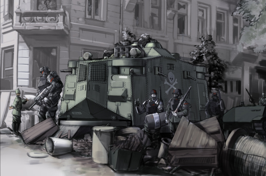 6+boys, a7v_(tank), anachronism, armor, barricade, body_armor, dieselpunk, gun