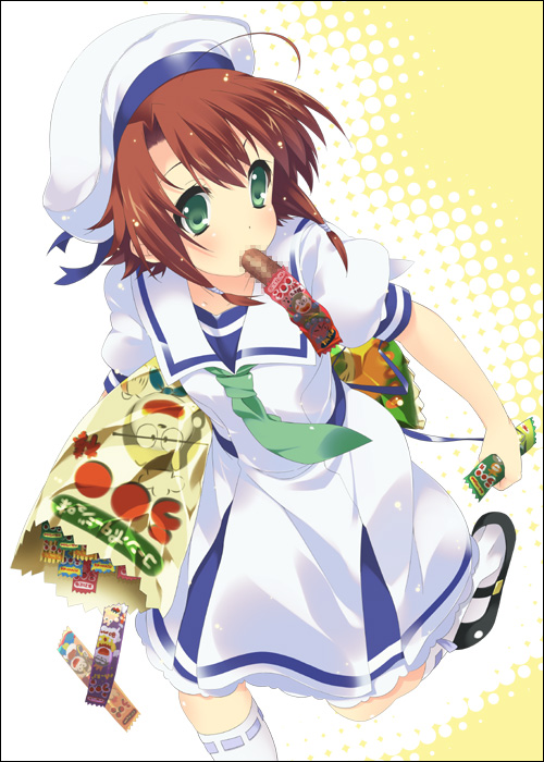 bag, blush, brown_hair, censored, falling, footwear, green_eyes, hat, mascot_of_umaibou, mizuki_makoto, mouth_hold, neckerchief, necktie, pointless_censoring, school_uniform, serafuku, shoes, short_hair, socks, solo, tantei_opera_milky_holmes, tie, umaibo, umaibou, yuzurizaki_nero