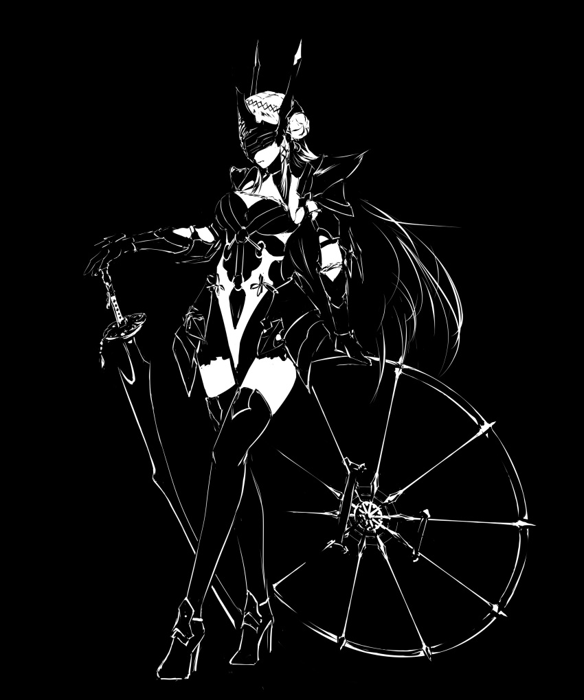 1girl, absurdres, armor, black_background, boots, breasts, closed_mouth, crossed_legs