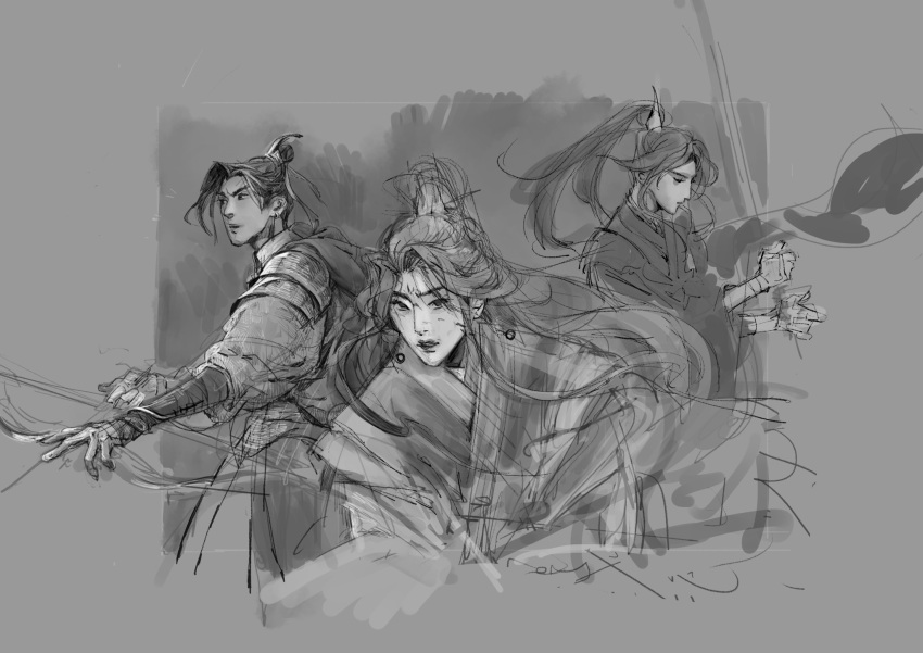 3boys, abstract_background, armor, arrow_(projectile), border, bow_(weapon), bracer, chinese_clothes