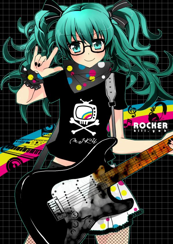 aqua_eyes, aqua_hair, guitar, hatsune_miku, rock_on, rocker, vocaloid