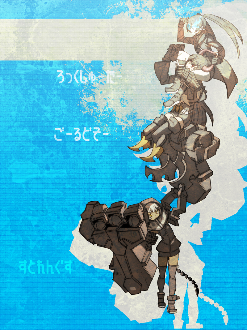 3girls, armored_boots, belt, black_coat, black_footwear, black_gold_saw, black_hair, black_rock_shooter