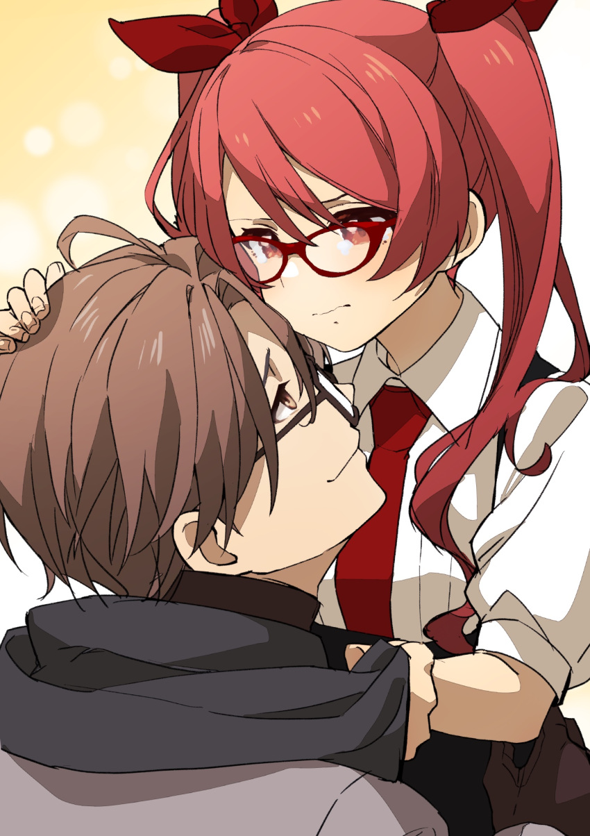 1boy, 1girl, aco_(bearchannel), black_scarf, breasts, brown_eyes, brown_hair, closed_mouth