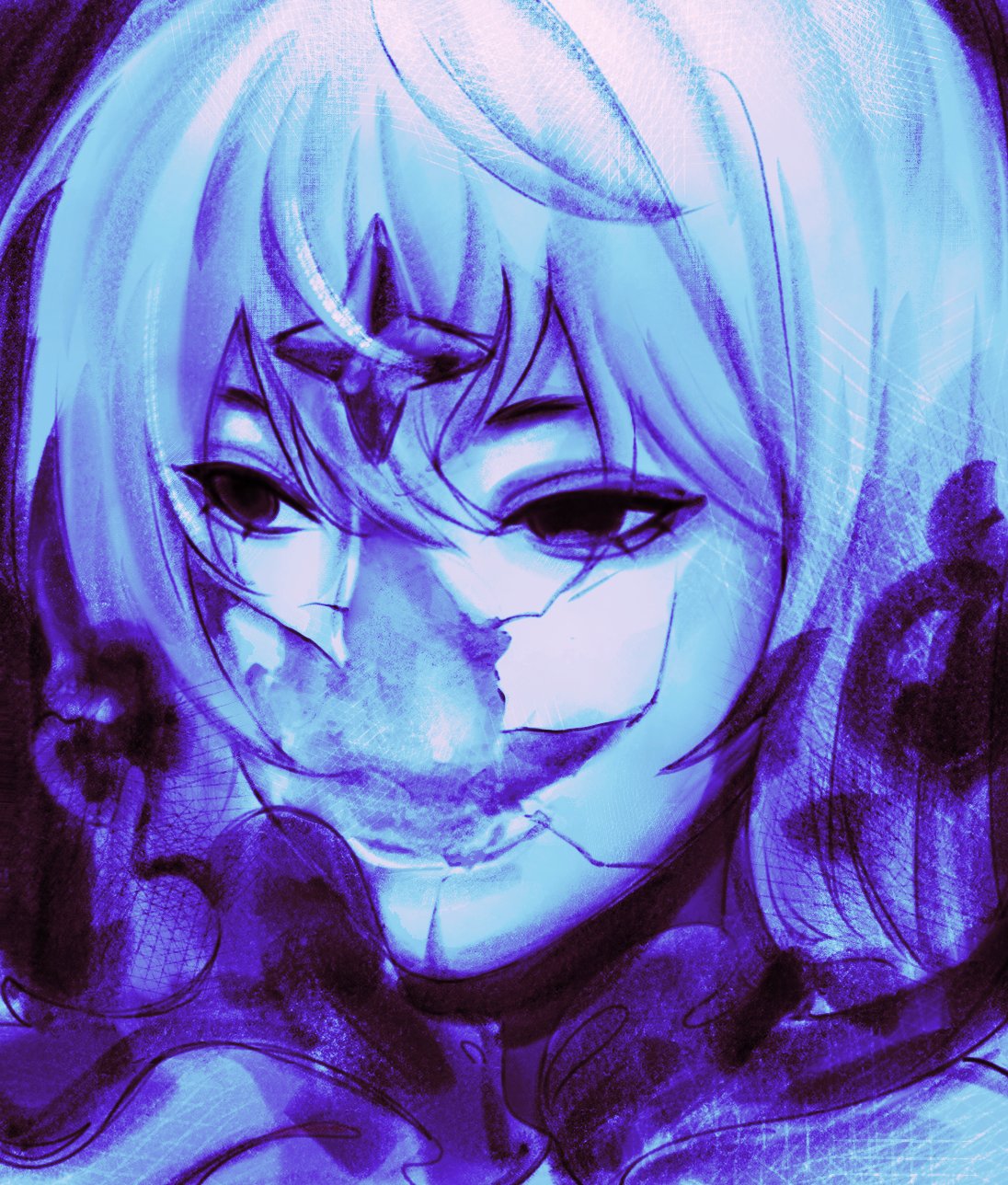 black_eyes, blue_hair, blue_skin, colored_skin, cracked_skin, expressionless, half-closed_eyes, highres, liz_(morimens), morimens, no_mouth, purple_background, star_(symbol), ste_steelfuyo