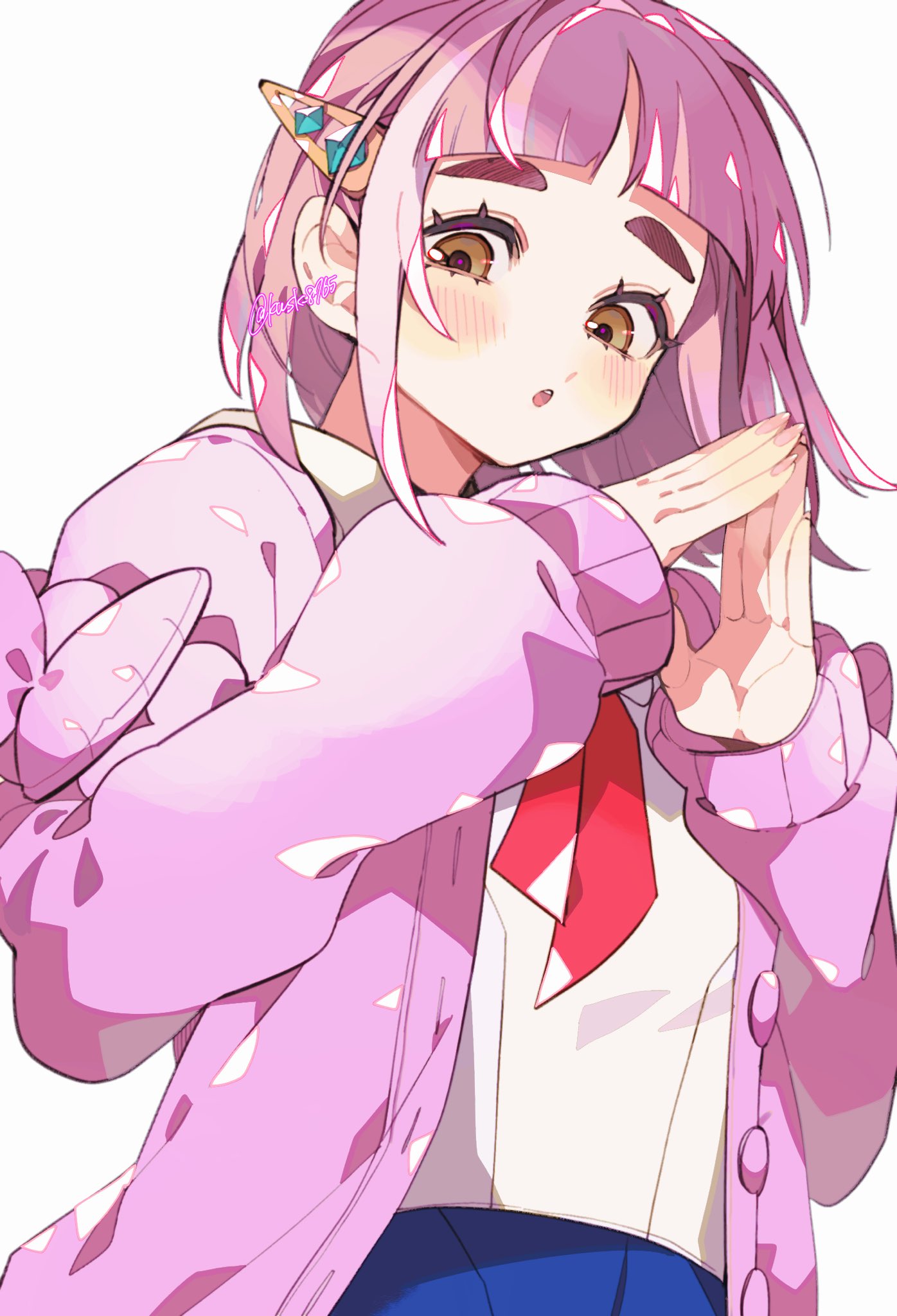 1girl, arched_bangs, blueberry_academy_(emblem), blueberry_academy_school_uniform, bolt_hair_ornament, brown_eyes, cardigan, highres