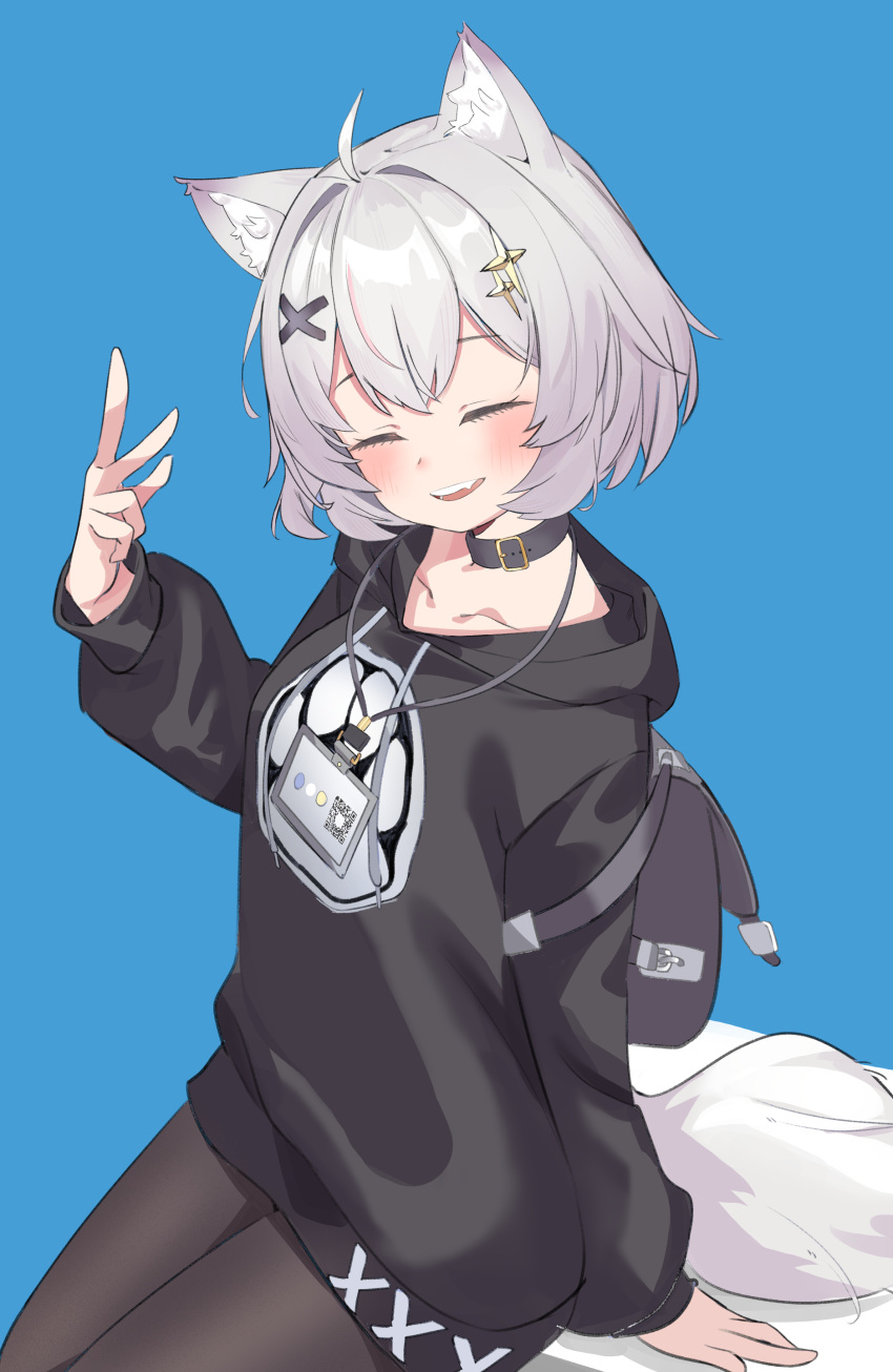 1girl, :d, ^_^, absurdres, animal_ears, backpack, bag, black_hoodie