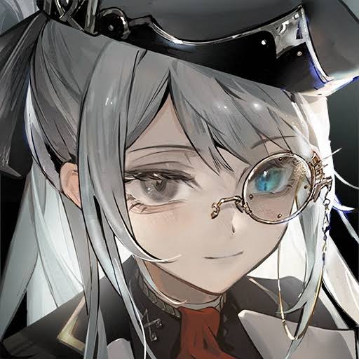 black_hat, black_shirt, blue_eyes, collar, gold_trim, grey_eyes, grey_hair, hat