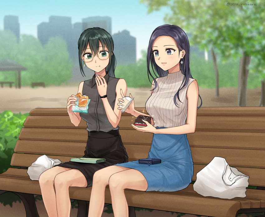 2girls, :t, bag, bench, black_hair, black_shirt, black_skirt, blue_hair