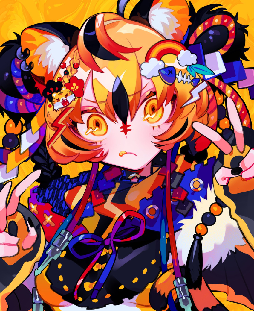 1girl, abstract_background, animal_ears, animal_hair_ornament, black_hair, black_nails, blue_ribbon, bow