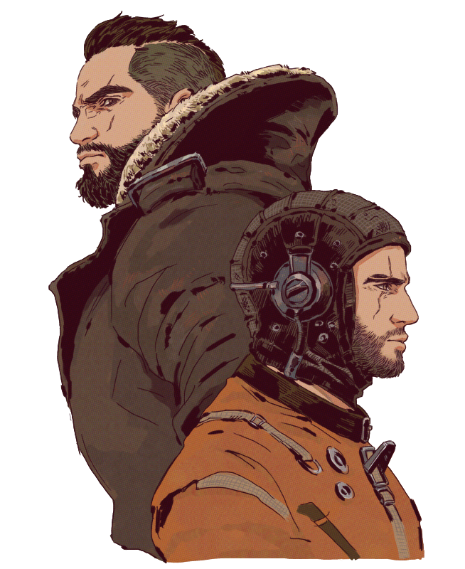 2boys, allcod, arthur_maxson, beard, black_helmet, brown_eyes, brown_hair, brown_jacket, closed_mouth, commentary, cropped_torso, danse_(fallout_4), english_commentary, facial_hair, fallout_(series), fallout_4, fur-trimmed_hood, fur_trim, helmet, hood, hooded_jacket, jacket, jumpsuit, looking_ahead, looking_to_the_side, male_focus, mohawk, multiple_boys, orange_jumpsuit, profile, scar, scar_across_eye, solo, thick_eyebrows, transparent_background, white_fur