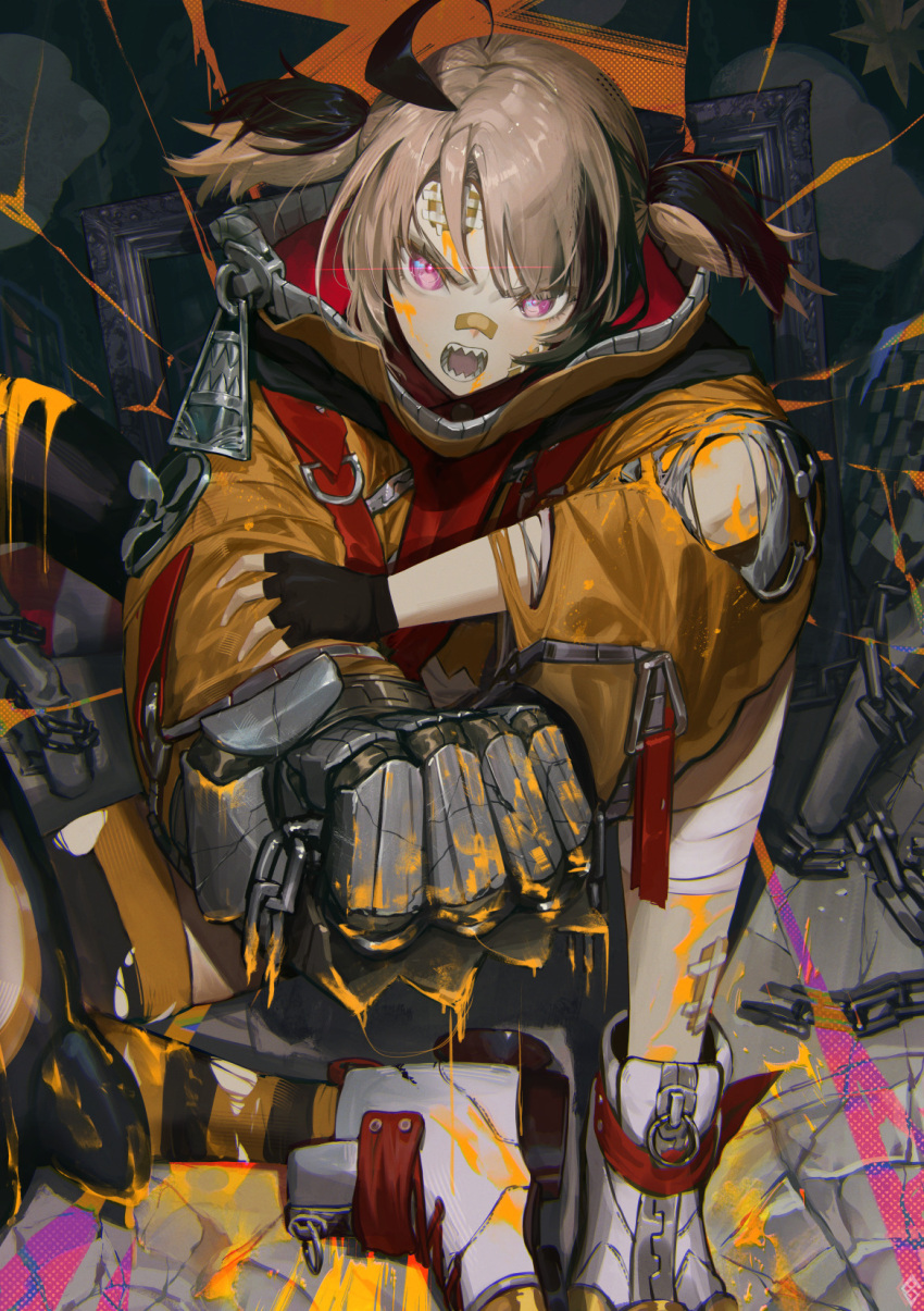 1girl, ahoge, bandaid, bandaid_on_face, bandaid_on_nose, blonde_hair, brown_hair, ex-trident