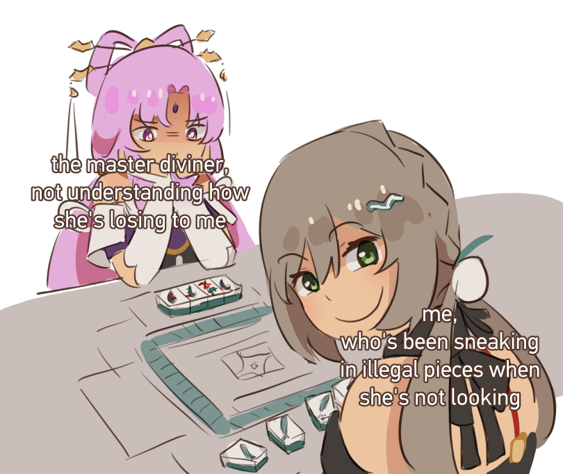 2girls, bare_shoulders, closed_mouth, detached_sleeves, english_text, forehead_jewel, fu_xuan_(honkai:_star_rail), green_eyes, grin, hair_ornament, hairclip, honkai:_star_rail, honkai_(series), long_hair, looking_at_viewer, looking_back, low_twintails, mahjong, mahjong_tile, multiple_girls, nonnormalguy, parted_bangs, pink_hair, qingque_(honkai:_star_rail), smile, twintails