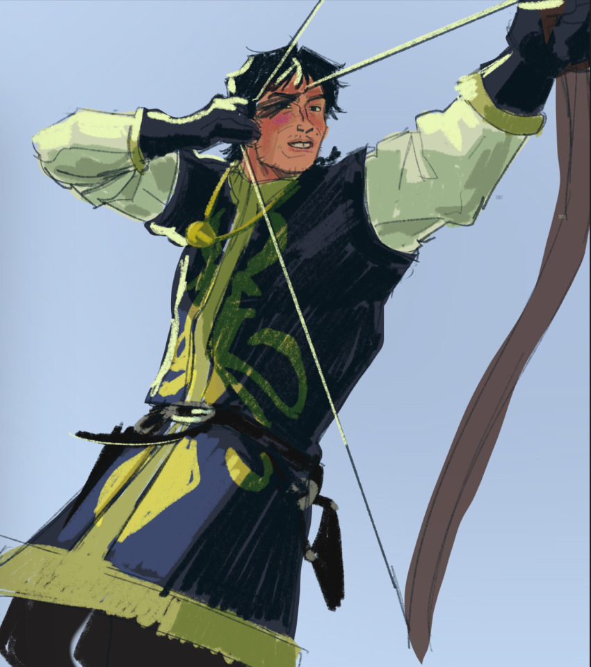 a_song_of_ice_and_fire, bow_(weapon), drawing_bow, highres, holding, holding_bow_(weapon), holding_weapon, theon_greyjoy