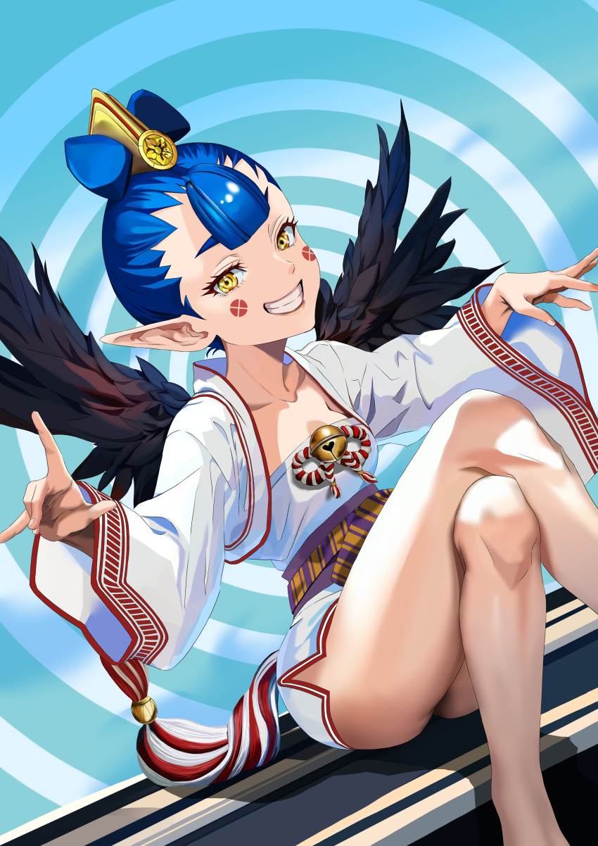 1girl, absurdres, amanozako_(megami_tensei), blue_hair, collarbone, crossed_legs, eyelashes, feathered_wings