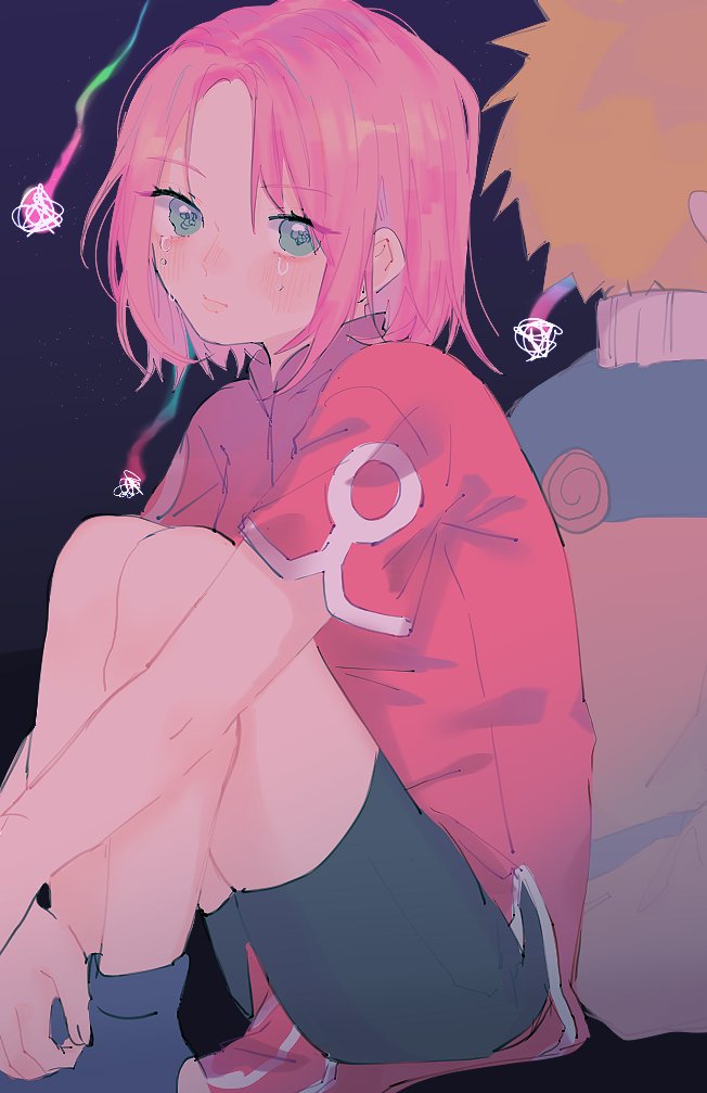 1boy, 1girl, 673_q, bike_shorts_under_skirt, black_shorts, blonde_hair, blue_flower, blush