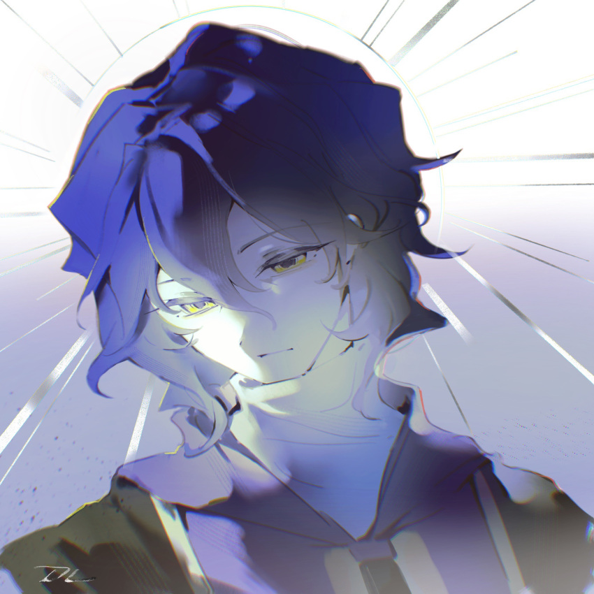 1boy, blue_hair, chinese_commentary, chromatic_aberration, closed_mouth, colored_skin, commentary_request, dl_lanlan