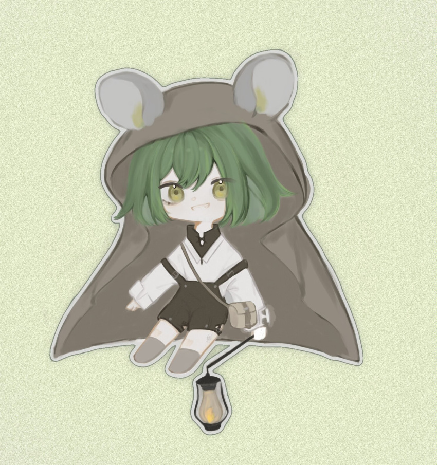 animal_ears, bag, black_overalls, black_shirt, brown_hood, chibi, collared_shirt, green_background, green_hair, grey_socks, highres, hood, hood_up, jenkins_morimens, lantern, morimens, mouse_ears, mujianjing, overalls, shirt, short_hair, shoulder_bag, smile, socks, solo, white_shirt, yellow_eyes