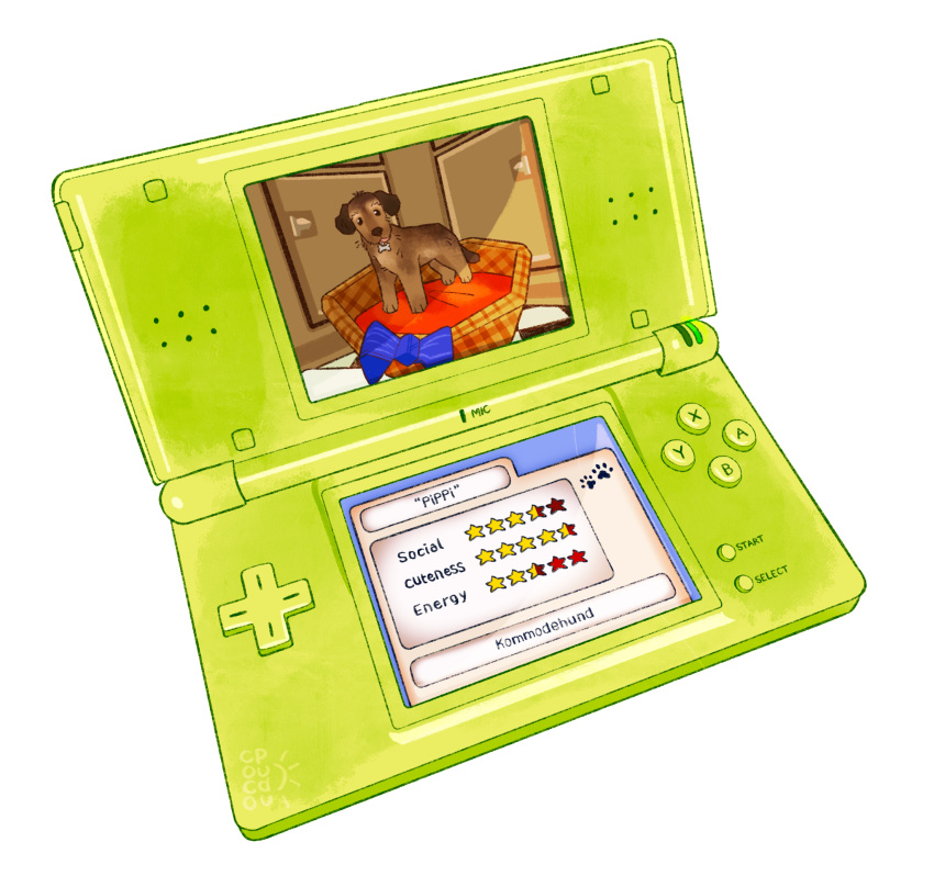 animal, cocopudu, commentary, dog, english_commentary, handheld_game_console, highres, nintendo