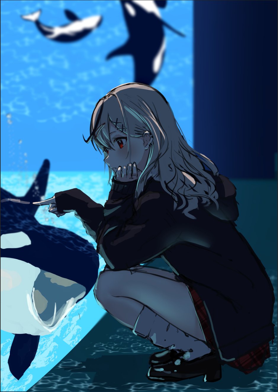 1girl, aquarium, black_footwear, black_jacket, grey_hair, head_rest, highres, hololive