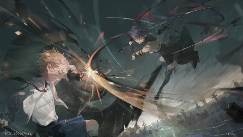 1boy, 1girl, angry, belt, black_dress, black_footwear, black_gloves, blonde_hair